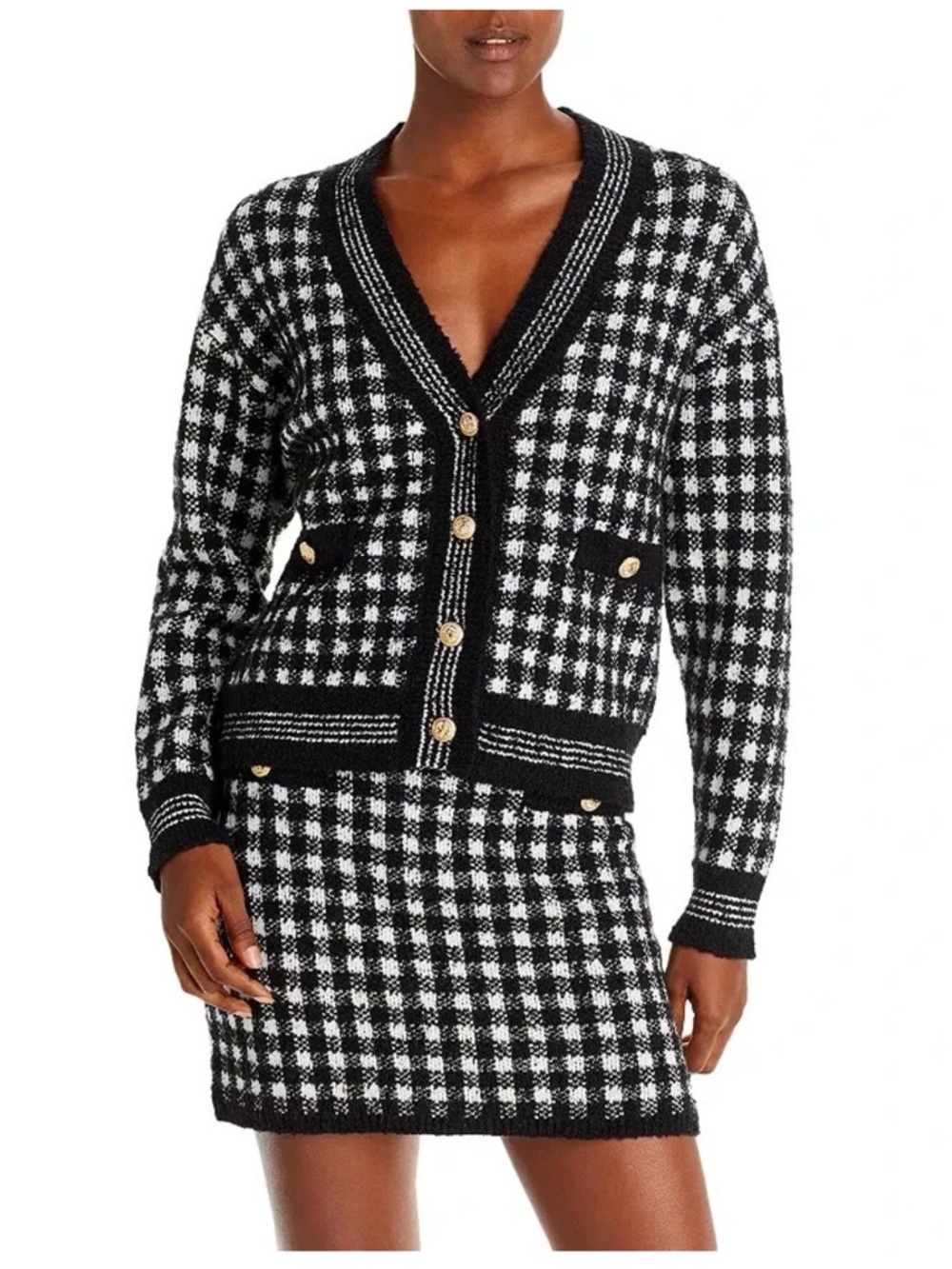 Aqua Checkered Cropped Black White Cardigan Sweater M